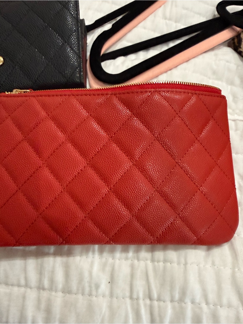 Quilted Red Leather Zip Pouch - Women Bags